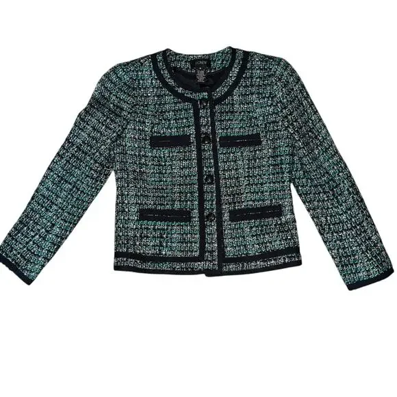 J.CREW Tweed Fanfare Peacock Cropped Blazer Jacket Green Black Size 0 - Picture 6 of 6